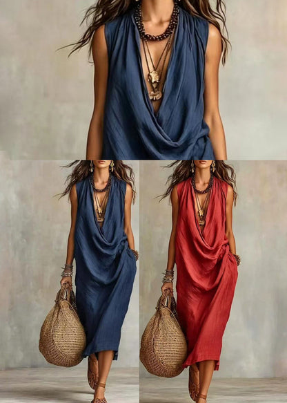 Red Vacation Dresses V Neck Draping Sleeveless