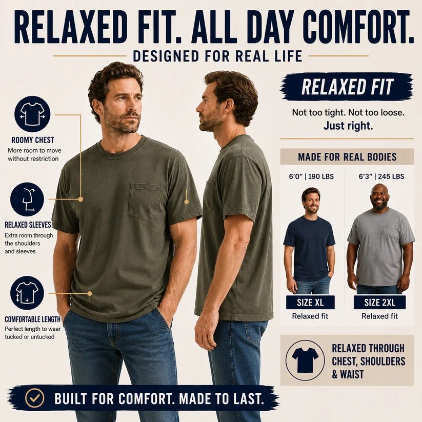Herren-T-Shirt aus schwerer Baumwolle mit Brusttasche – Lockere Passform für Alltag und Freizeit