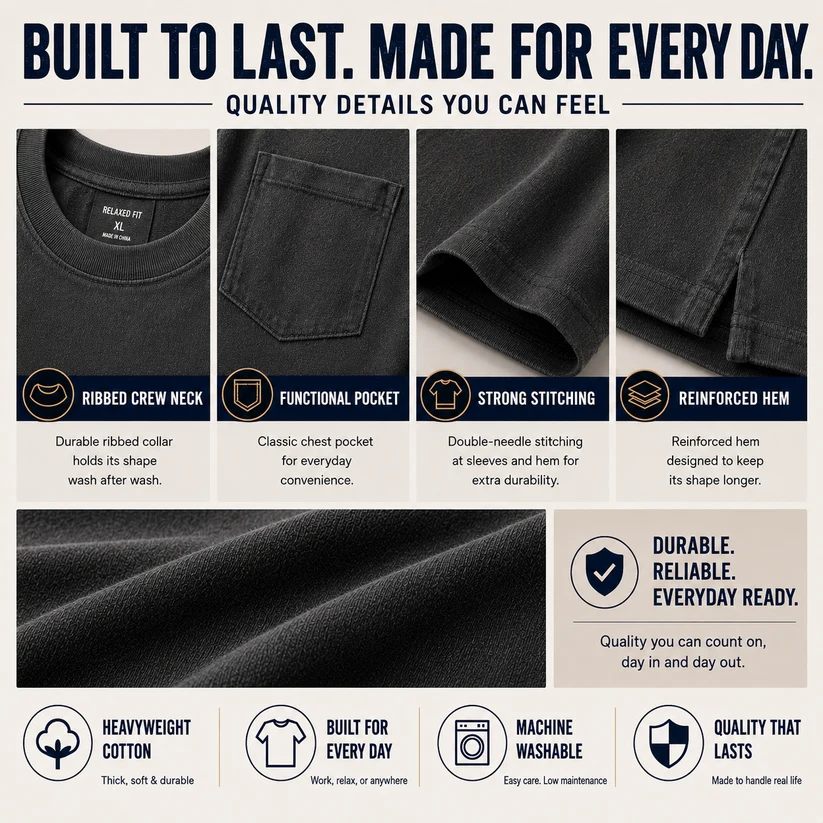 Men's Heavyweight Cotton Pocket T-Shirt, Relaxed Fit Casual Tee