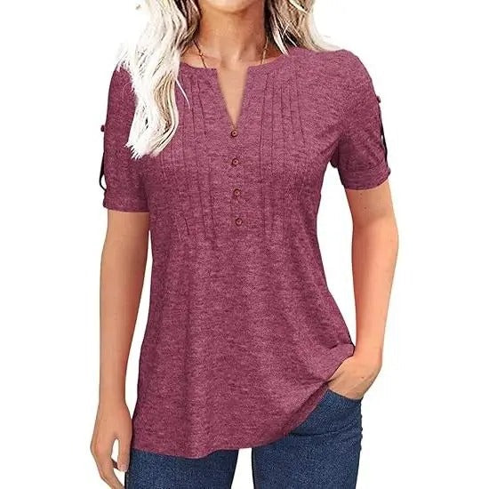 Women’s V Neck T Shirt – Casual Pleated Button Top, Loose Fit Shor