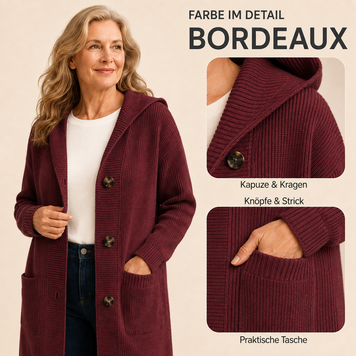 🌸Damen Strickjacke mit Kapuze und Knöpfen