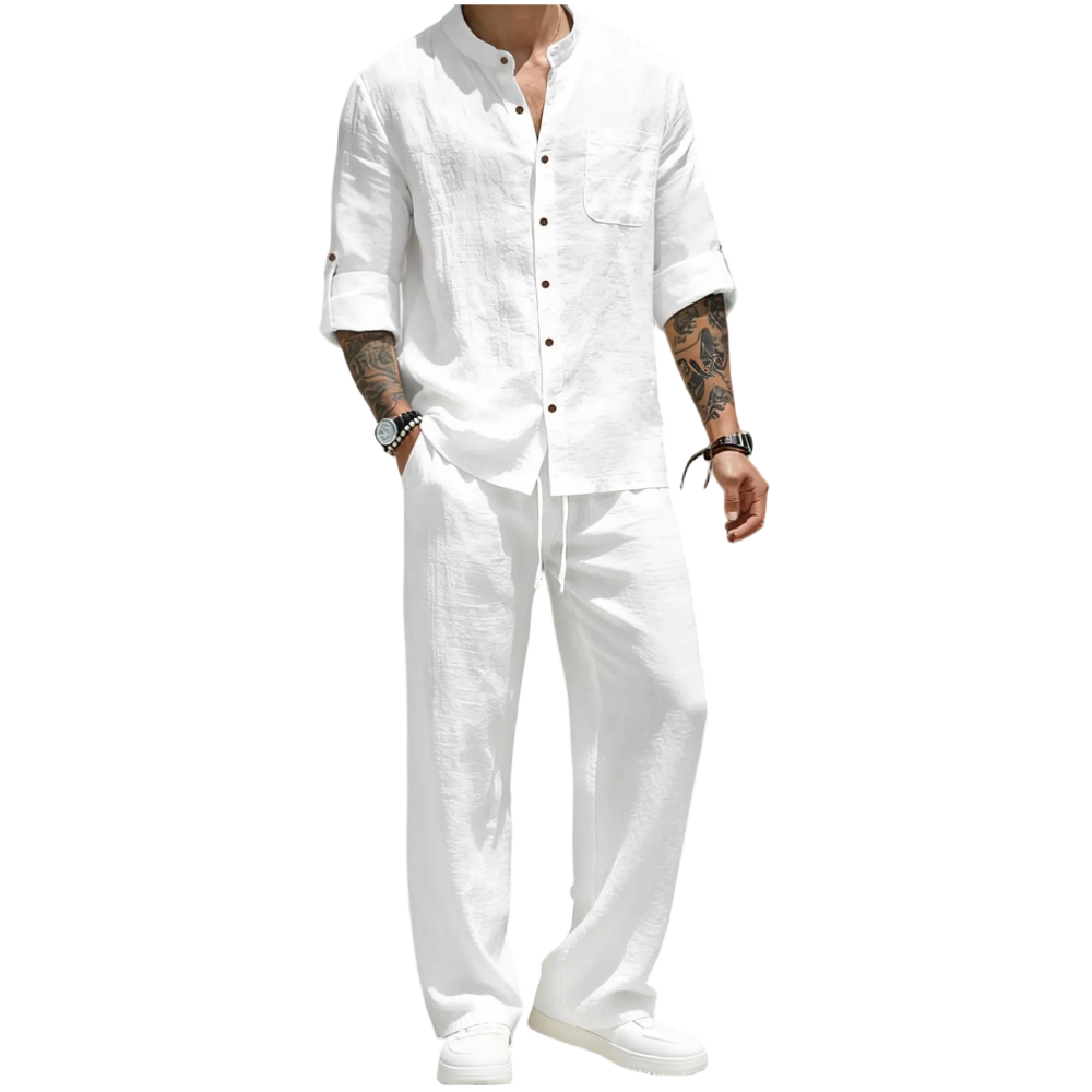 💝💝Men's Linen Stand Collar Long Sleeve Button Shirt & Straight Leg Belted Pants Set