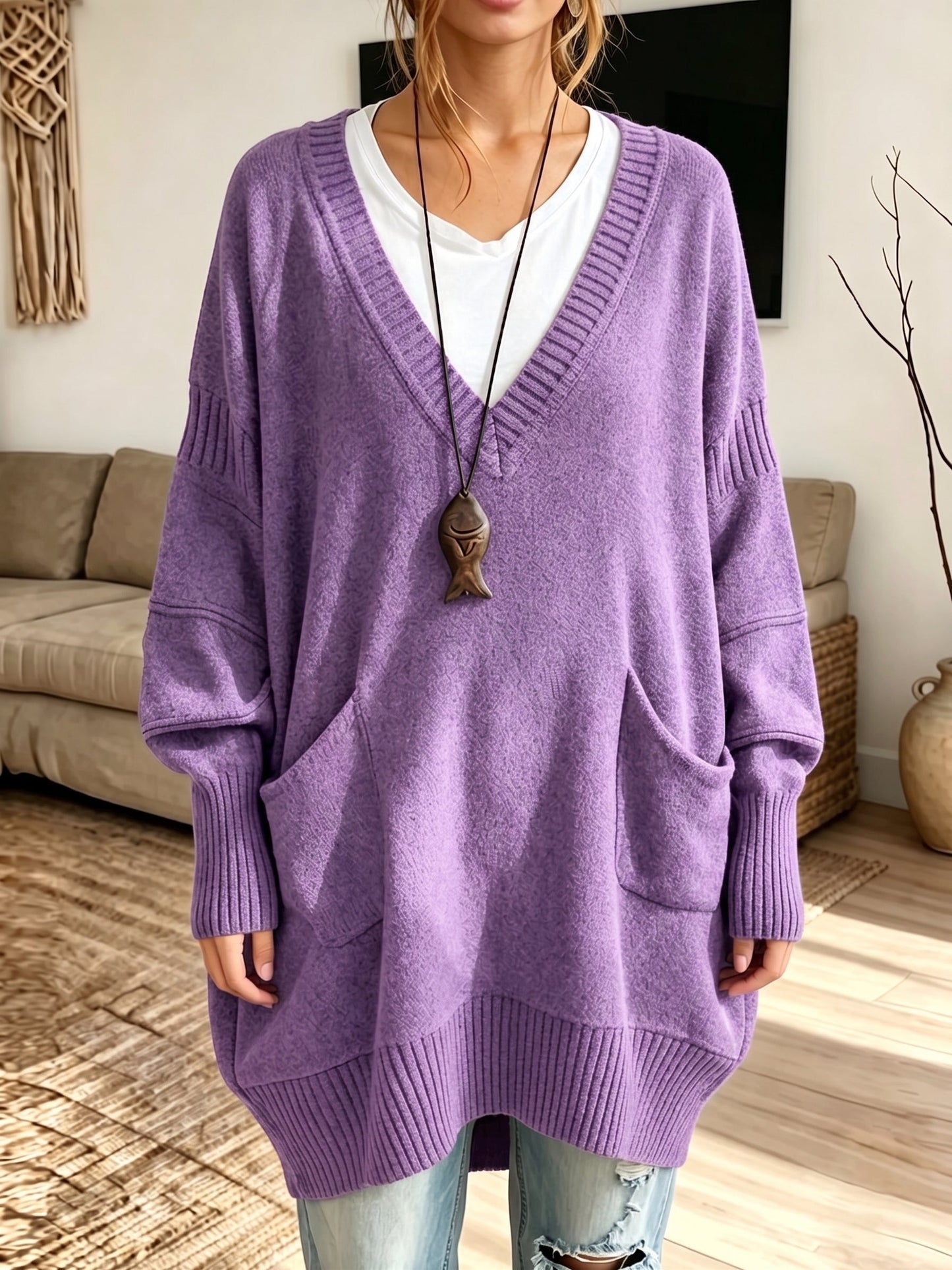 Women Oversized V‑Neck Multi‑Pocket Loose Long Knit Sweater